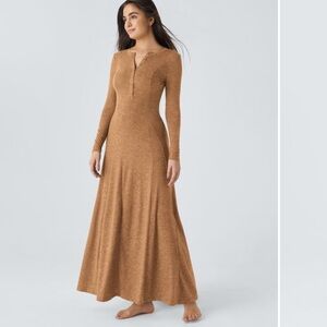 Halara Round Neck Button Long Sleeve Flare Maxi Casual Dress NWT